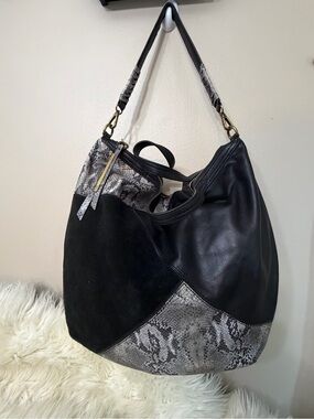 Ella Moss Black & Snake-Print Mixed-Material Hobo Bag